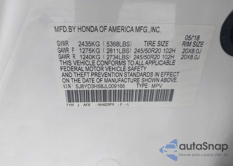 2018 Acura Mdx Technology Package Acurawatch Plus Pkg from USA, damaged, VIN 5J8YD3H58JL009166